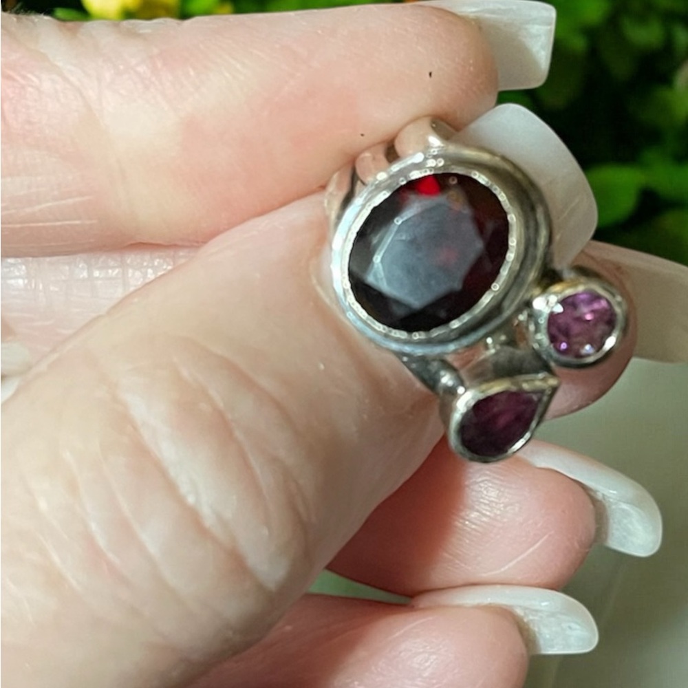 Vintage Sajen Modernist Tourmaline & Amethyst 925 Silver Statement Ring